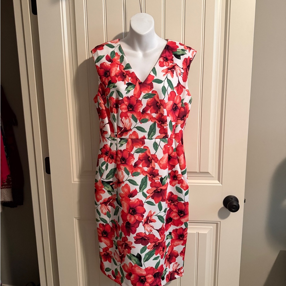Calvin Klein White Midi Dress with Red Floral Print